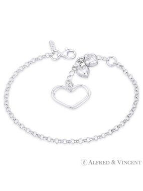 Double Open-Heart Puffed Heart Rolo Chain Bracelet in 925 Sterling Silver - 7.5"